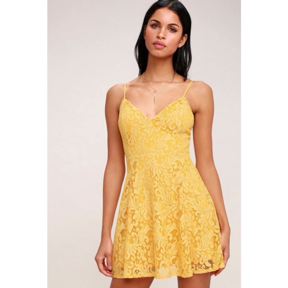 Golden yellow lace skater dress